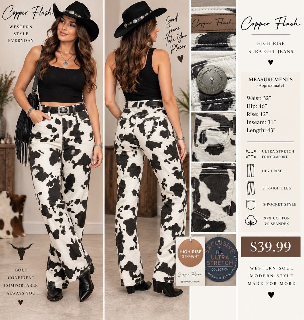 Copper Flash Women High Rise Straight Cow Animal Print Stretch 5-Pocket Jeans